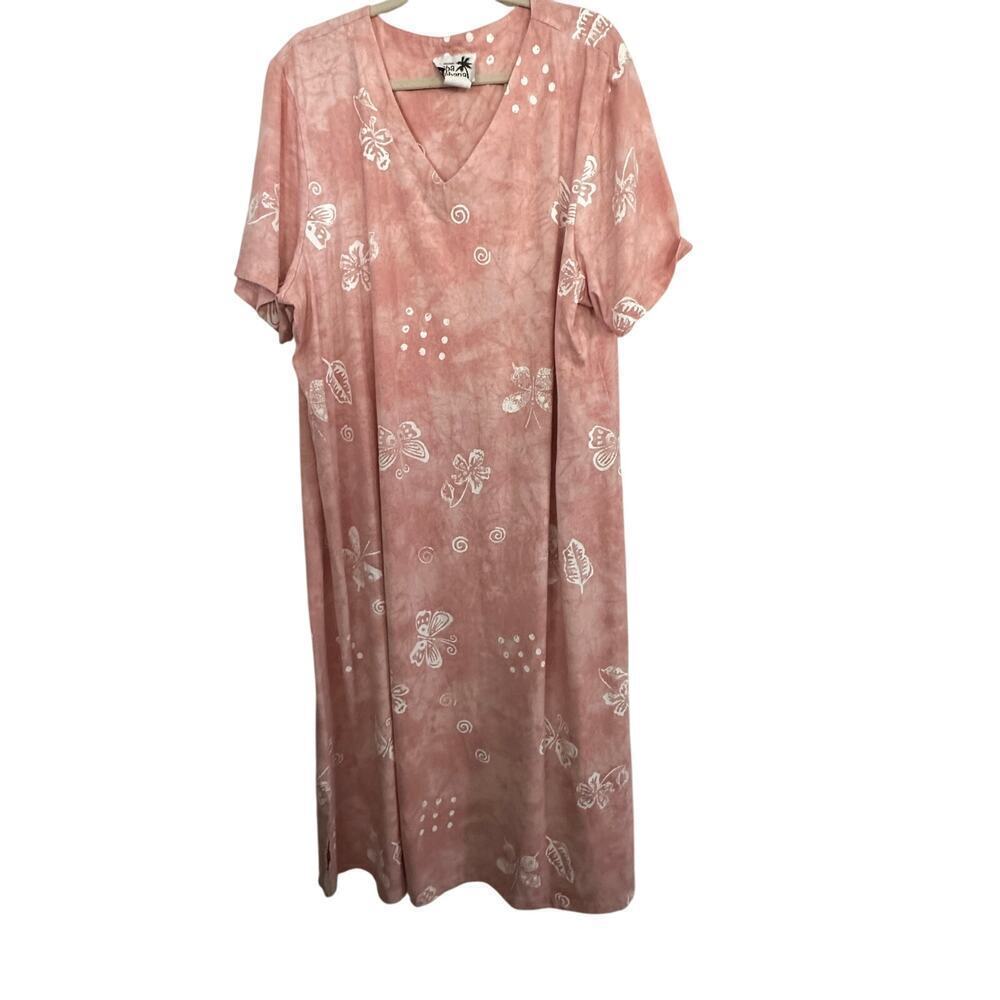 Copa Cabana Women's Pink Floral Print Cotton Blend V-Neckline Midi Dress Size 2X